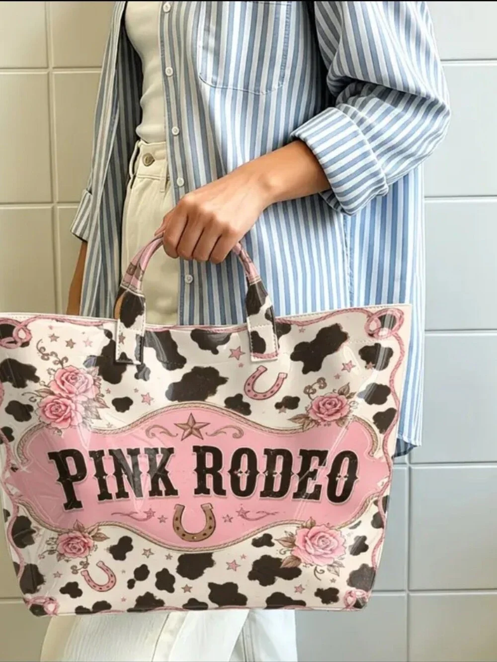 Women Westwrn Pink Cow Print Large PVC Daily Commute Bag